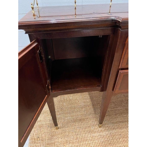 178 - A Sheraton style sideboard with raised brass gallery back, flanked with cupboards and drawers (H90cm... 