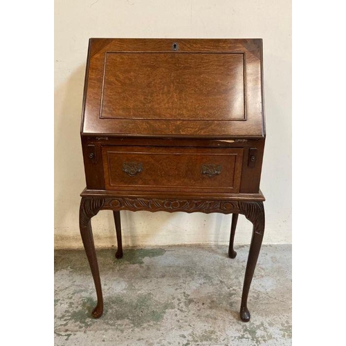 23 - A walnut veneered ladies bureau or writing desk on cabriole legs AF (H96cm W54cm D40cm)