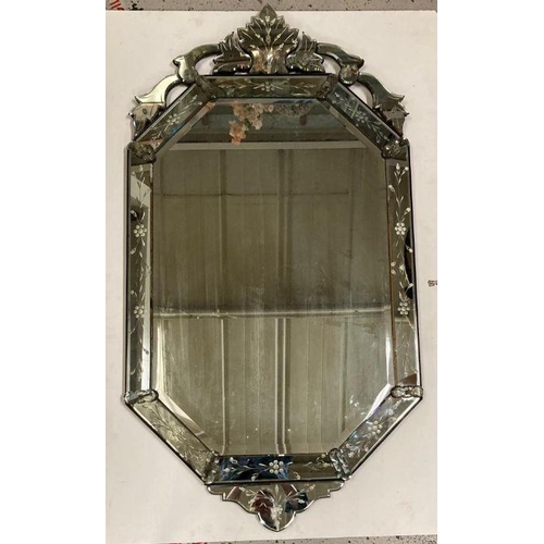 259 - A late 19th century venetian etched glass wall mirror, pierced cresting above bevelled octagonal pla... 