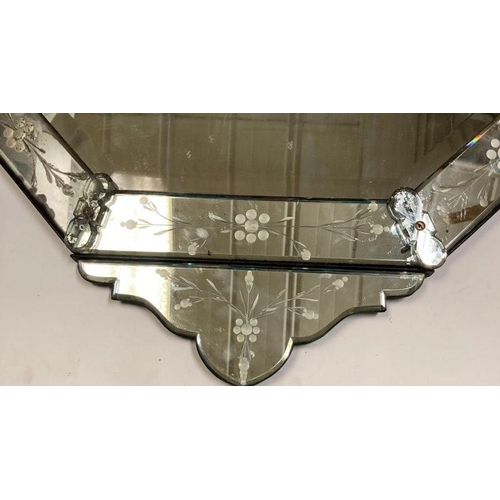 259 - A late 19th century venetian etched glass wall mirror, pierced cresting above bevelled octagonal pla... 