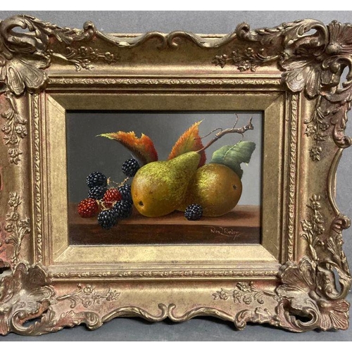 305 - NOEL RIPLEY (BRITISH B.1944) -A pair of still life paintings of fruit in ornate frames. ( Both16.5cm... 