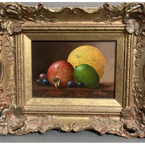 305 - NOEL RIPLEY (BRITISH B.1944) -A pair of still life paintings of fruit in ornate frames. ( Both16.5cm... 