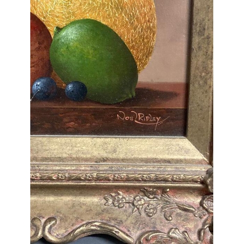 305 - NOEL RIPLEY (BRITISH B.1944) -A pair of still life paintings of fruit in ornate frames. ( Both16.5cm... 