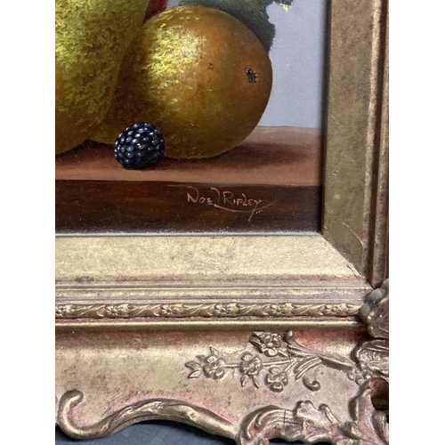 305 - NOEL RIPLEY (BRITISH B.1944) -A pair of still life paintings of fruit in ornate frames. ( Both16.5cm... 