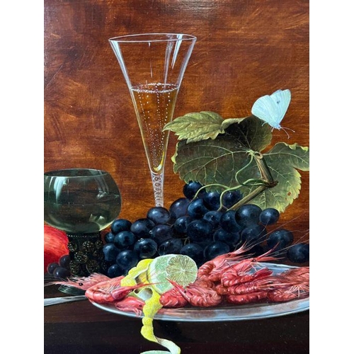 310 - A still life with fruit, prawns on a platter with grapes and a Georgian air twist glass. (52cm x 41c... 