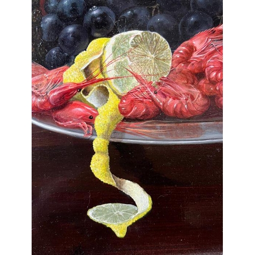 310 - A still life with fruit, prawns on a platter with grapes and a Georgian air twist glass. (52cm x 41c... 