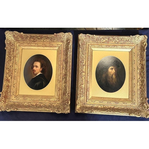 313 - A set of four contemporary oil paintings in the depicting Old Masters in ornate frames including Leo... 