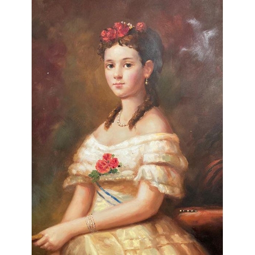 314 - A Contemporary oil on canvas, a full length portrait of a young lady with flowers in hair in gilt wo... 