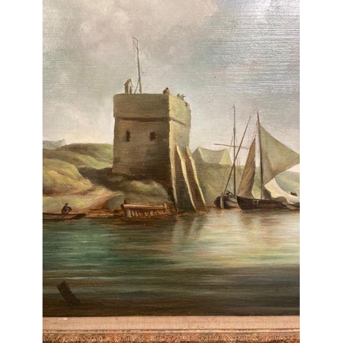 315 - Roy Barley (After Charles Brooking) oil on board in gilt frame of a coastal scene with fort (90cm x ... 