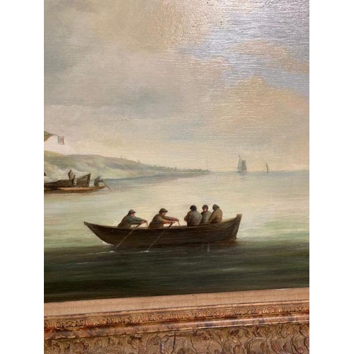 315 - Roy Barley (After Charles Brooking) oil on board in gilt frame of a coastal scene with fort (90cm x ... 