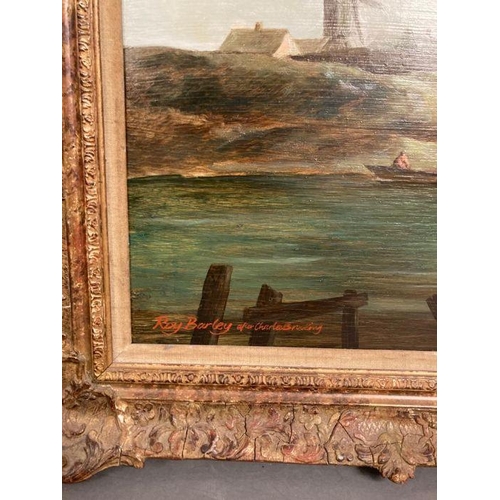 315 - Roy Barley (After Charles Brooking) oil on board in gilt frame of a coastal scene with fort (90cm x ... 