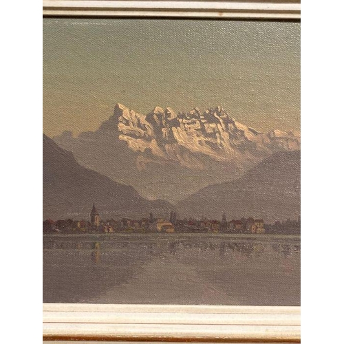 327 - An oil on canvas lake side landscape painting by Swiss artist Alexis Vautier signed lower left 39cm ... 