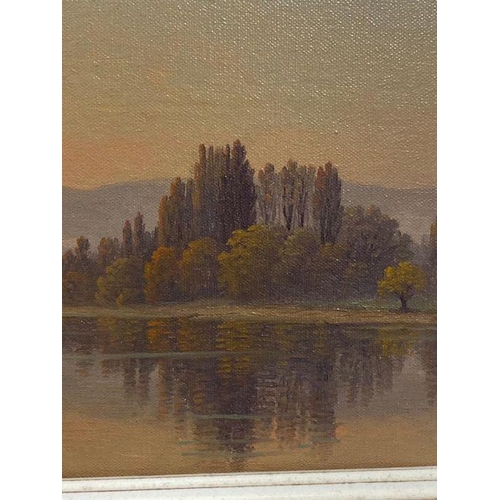 328 - An oil on canvas lake side landscape painting by Swiss artist Alexis Vautier signed lower left 39cm ... 