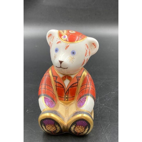 349 - Two boxed Royal Crown Derby paperweights, Farmyard Hen and Scottish Teddy, one with gold stopper and... 