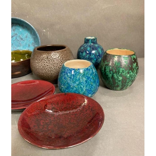 369 - A selection of glazed Swiss Studio pottery in blues, greens and reds