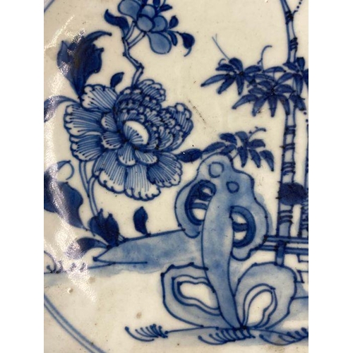 385 - An 18th Century Chinese Blue and white plate with floral design. (23.5cm Diameter)