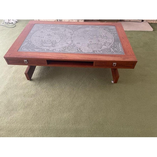 39 - A large oak veneer coffee table with inlaid naval world map top