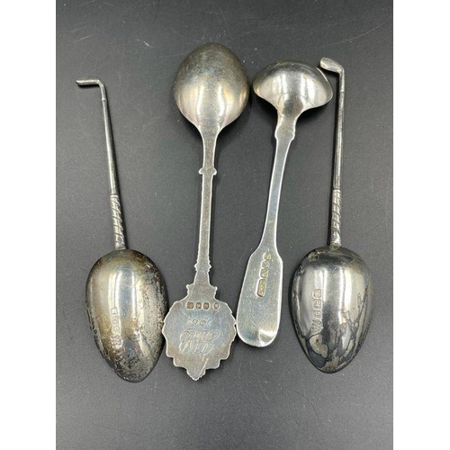 404 - A selection of four silver hallmarked spoons, various themes and hallmarks (Approximate Total weight... 