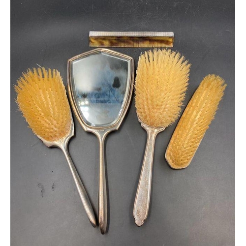 406 - A selection of silver backed dressing table set to include a blue enamel brush AF.