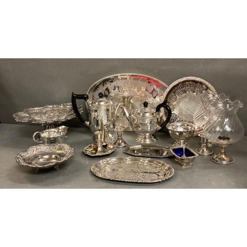 413 - A quantity of silver plate and white metal items to include coffee pot, tea pot and various trays