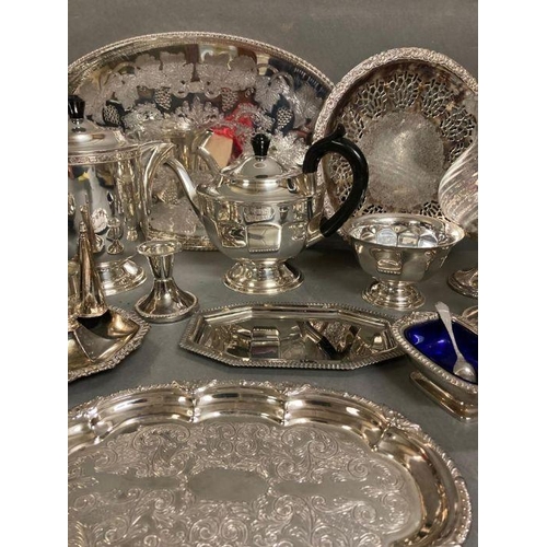 413 - A quantity of silver plate and white metal items to include coffee pot, tea pot and various trays