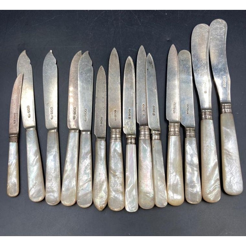 419 - A Harlequin set of silver knives with mother of pearl handles, various makers and hallmarks