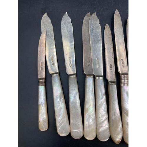 419 - A Harlequin set of silver knives with mother of pearl handles, various makers and hallmarks