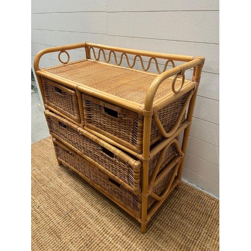 45 - A bamboo and cane two over two chest of drawers (H81cm W80cm D319cm)