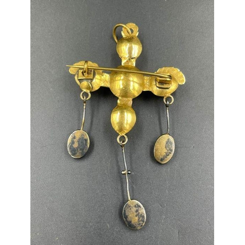 498 - A French gold cross brooch with amber pendant