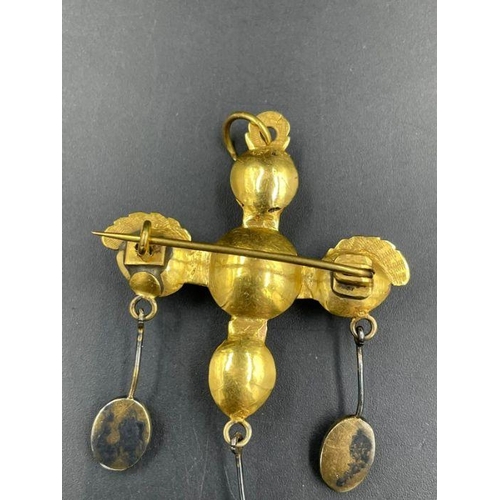 498 - A French gold cross brooch with amber pendant