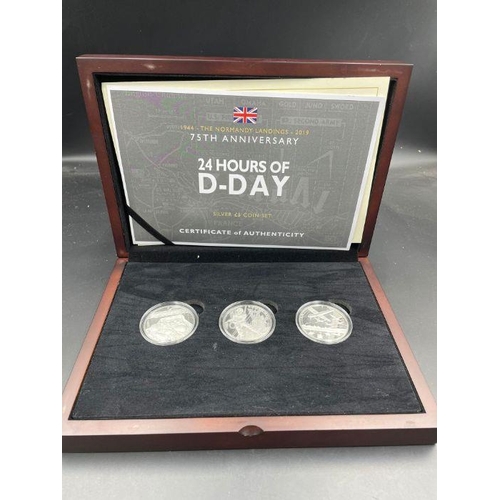 541 - 75th Anniversary 24 Hours of D-Day three silver £5 coin set with original certificate box and sleeve