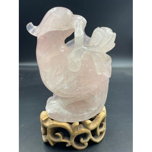 599 - A Chinese Rose Quartz figure of a bird on stand (Approximate Total Height without stand 13.5cm)