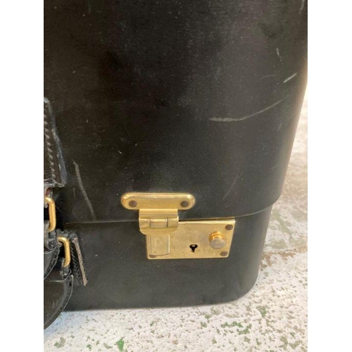 600 - A vintage black leather Harrods suitcase with a blushed pink interior