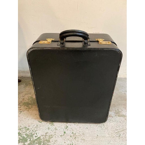 600 - A vintage black leather Harrods suitcase with a blushed pink interior