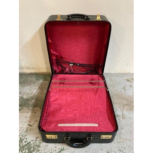 600 - A vintage black leather Harrods suitcase with a blushed pink interior