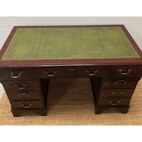 62 - A mahogany pedestal desk with green leather top (H77cm W120cm D61cm)