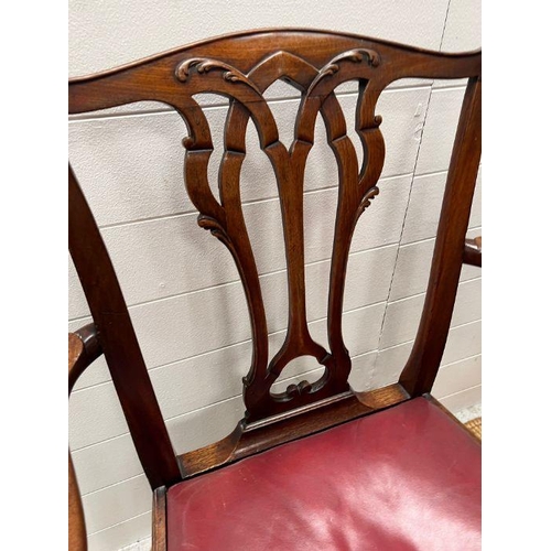 64 - An early 19th Century mahogany arm chair with pierced splat back over dropping leather seat