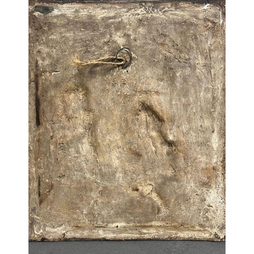 650 - A plaster plaque of two men disagreeing, signed AF