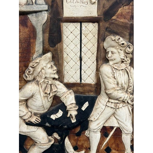 650 - A plaster plaque of two men disagreeing, signed AF