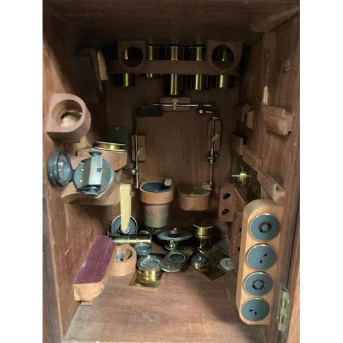 723 - A 19th Century Wenham binocular petrological microscope by Ross of London, cased on plinth in a glas... 