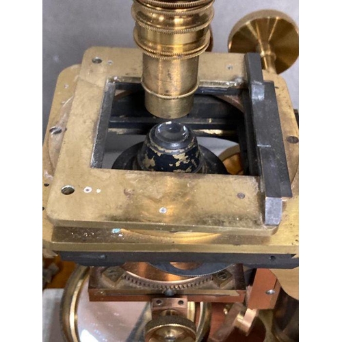 723 - A 19th Century Wenham binocular petrological microscope by Ross of London, cased on plinth in a glas... 