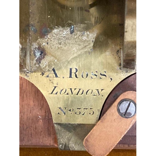 723 - A 19th Century Wenham binocular petrological microscope by Ross of London, cased on plinth in a glas... 