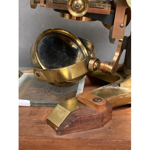 723 - A 19th Century Wenham binocular petrological microscope by Ross of London, cased on plinth in a glas... 