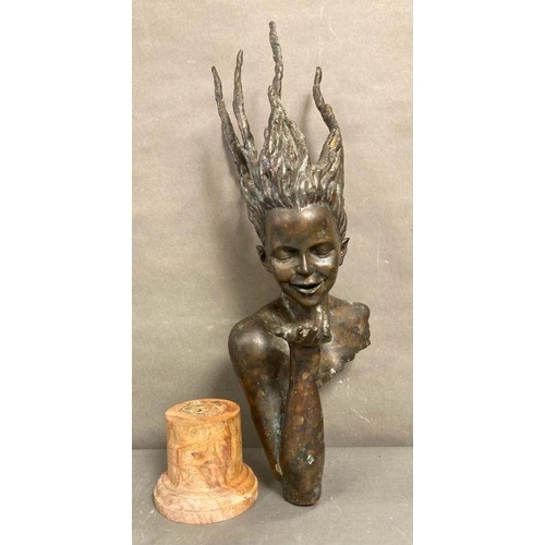 725 - A bronze Art Nouvea style bust of a water Nymph with marble plinth, signed J Prince (H83cm with Plin... 