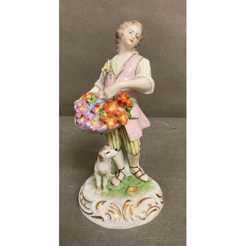 101 - Two hand painted Dresden figurines, a gentleman with a dog and a lady with flower (H15cm)