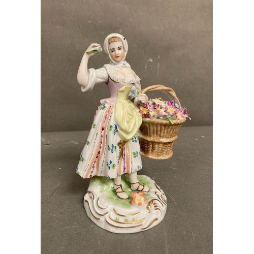 101 - Two hand painted Dresden figurines, a gentleman with a dog and a lady with flower (H15cm)