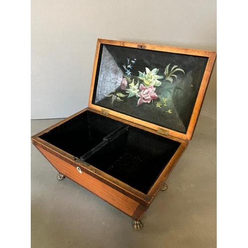 119 - A sarcophagus tea caddy with inlay and brass lion paw feet. Inside has been relined in felt and hand... 