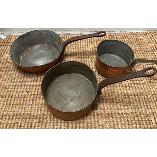 122 - Three copper pans, one stamped Leon Jaeggi and Sons, Copper Smiths London