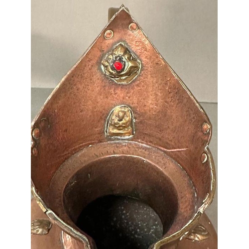 124 - An 19th Century Tibetan Monks cap copper and brass Euce with coloured bead detail, accompanied by Su... 