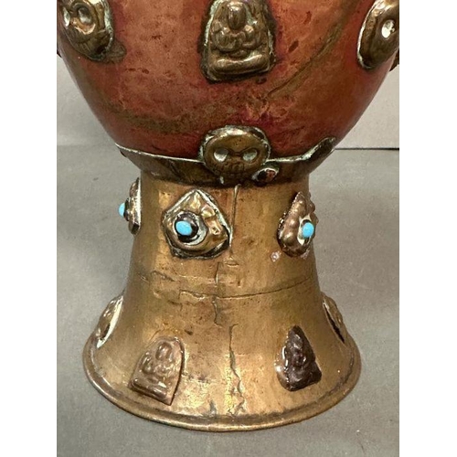 124 - An 19th Century Tibetan Monks cap copper and brass Euce with coloured bead detail, accompanied by Su... 